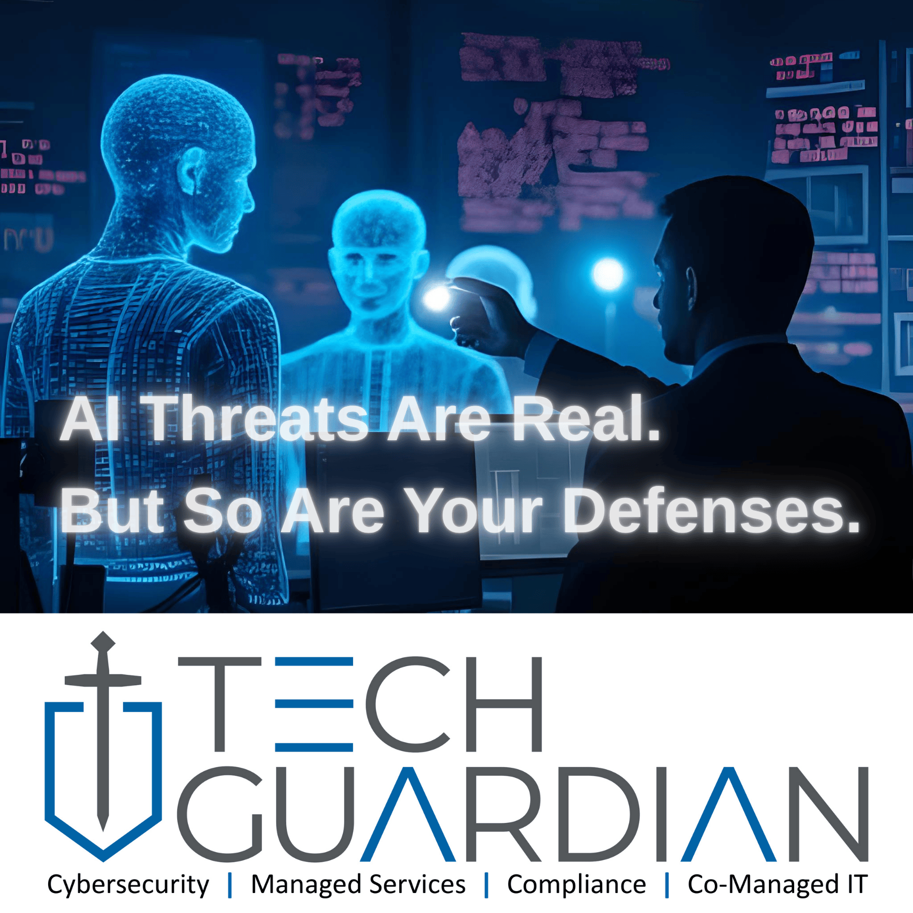 A business professional analyzes glowing holographic AI figures on large digital screens, representing emerging AI threats and modern cybersecurity defenses.