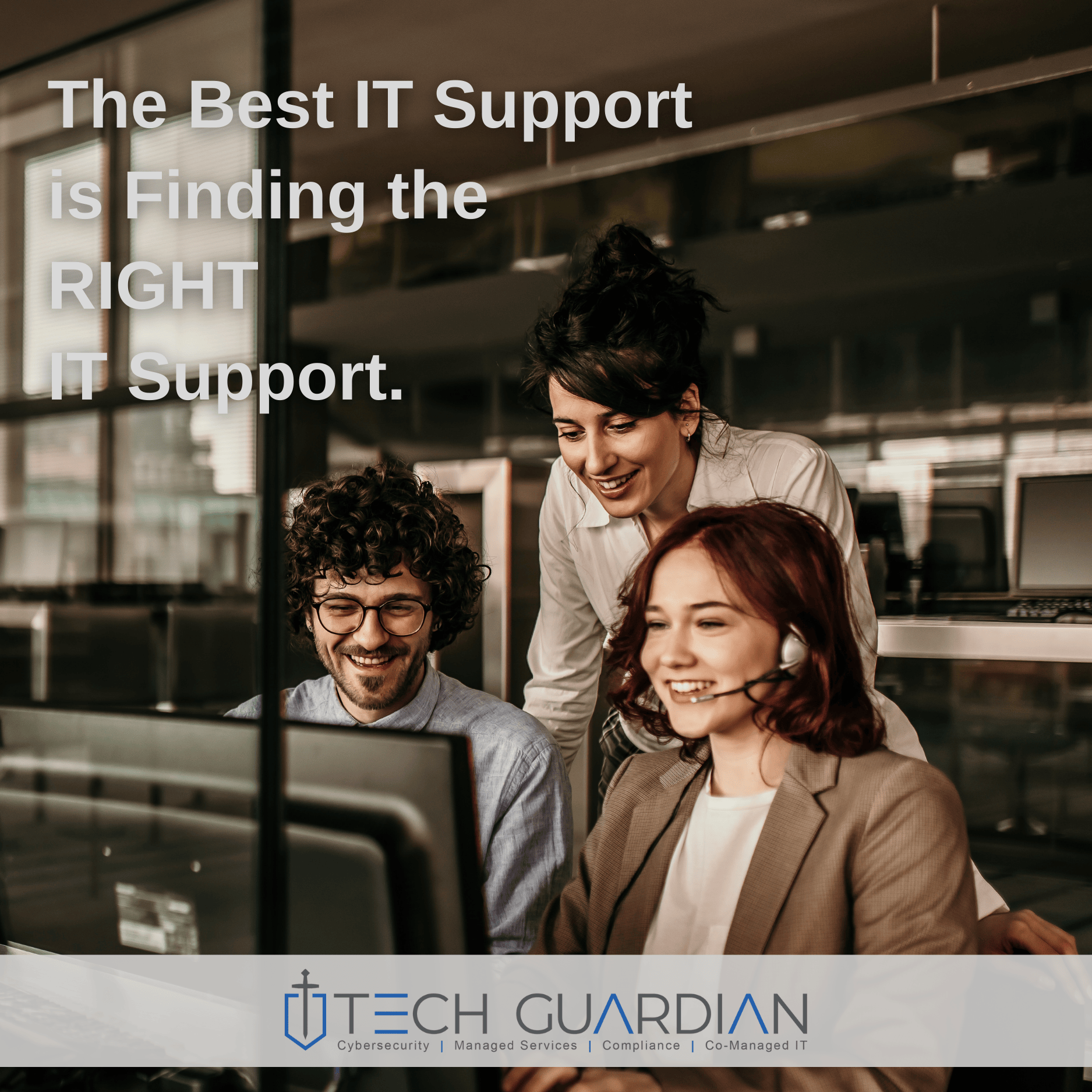 three coworkers happily working on a computer that operates with ease thanks to the right IT support