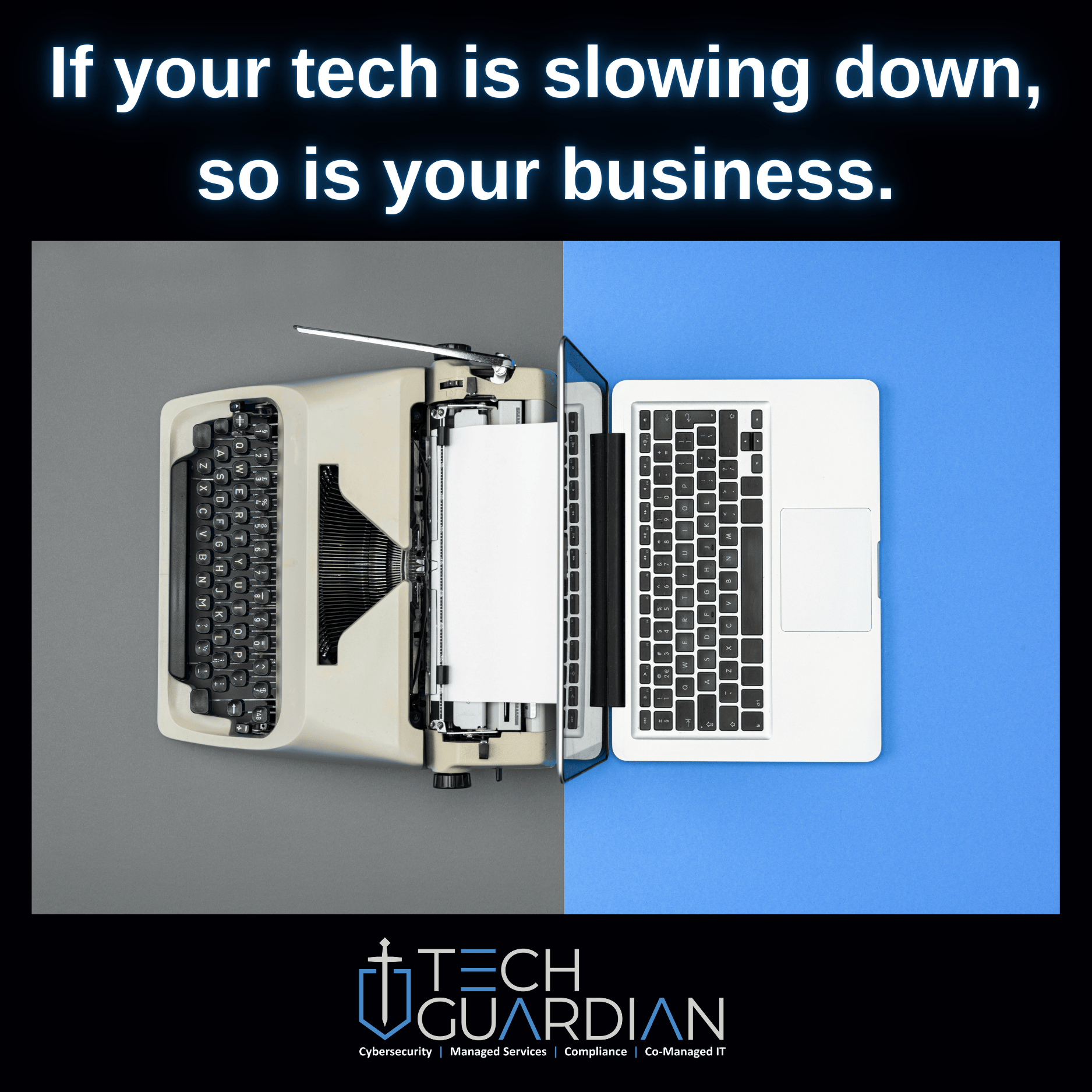 A split screen displaying a typewriter and a modern laptop to showcase the contrast between old and new technology.