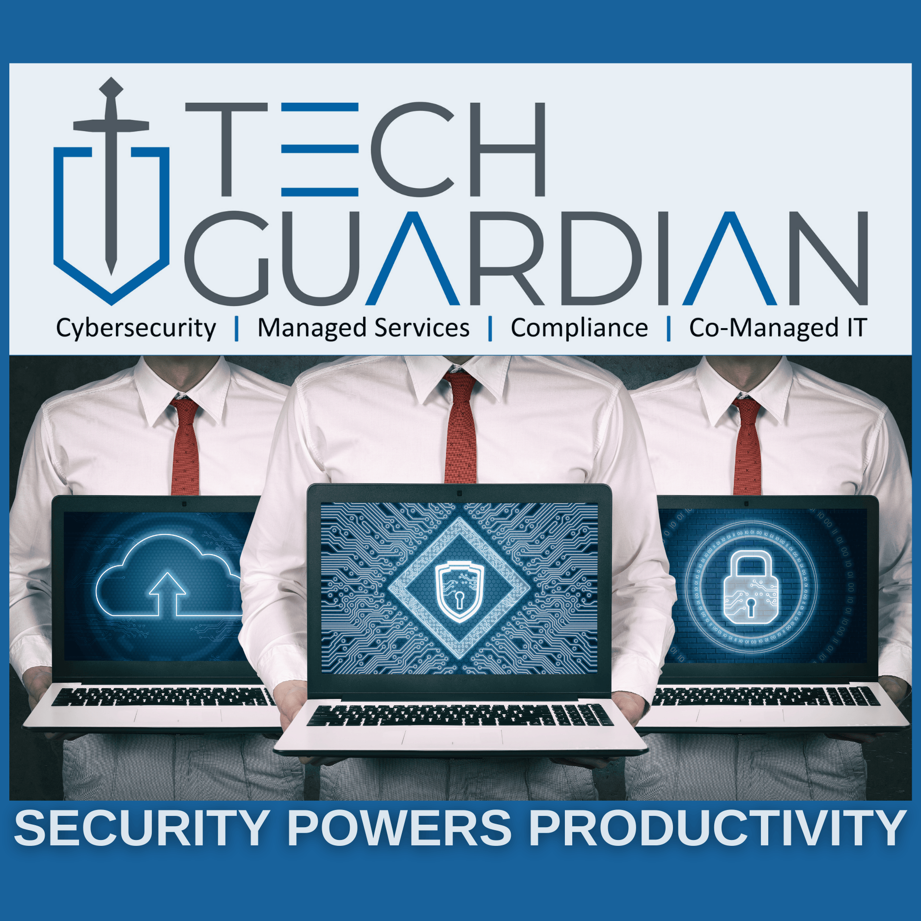 Three employees holding three laptops that showcase icons that symbolize different aspects of cybersecurity that strengthen productivity.