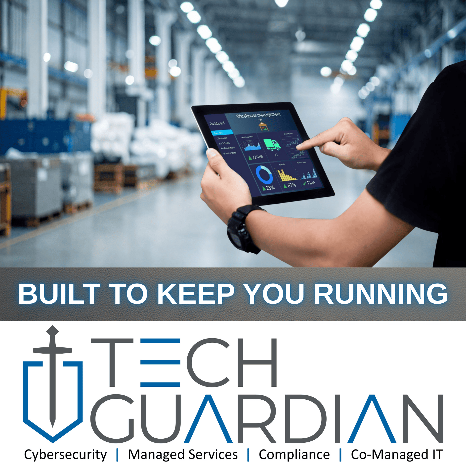 A person in a manufacturing warehouse monitoring operations on their custom configured tablet.