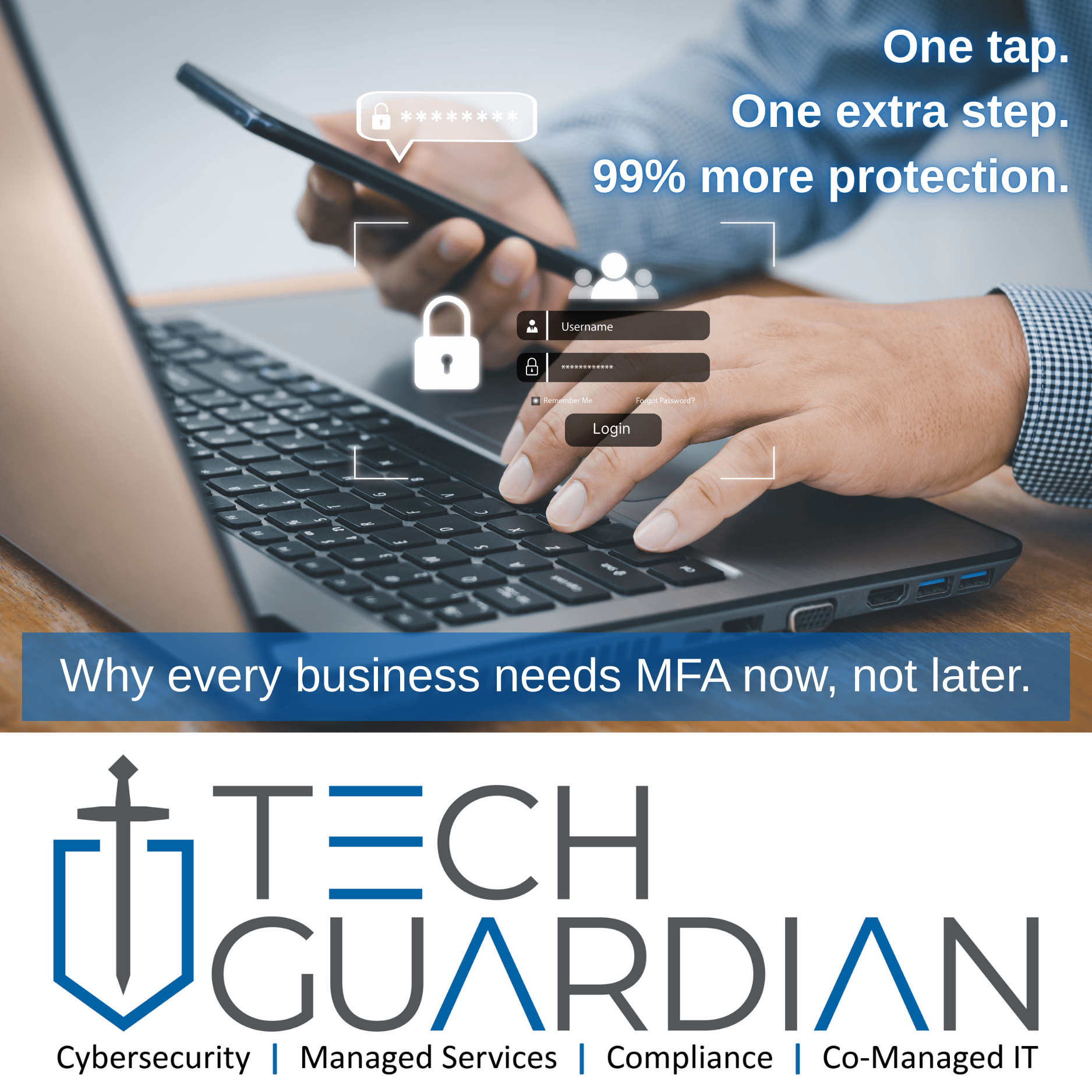 A person uses a smartphone to approve a login on a laptop, with digital security icons and MFA prompts overlaid to illustrate multi-factor authentication protection.