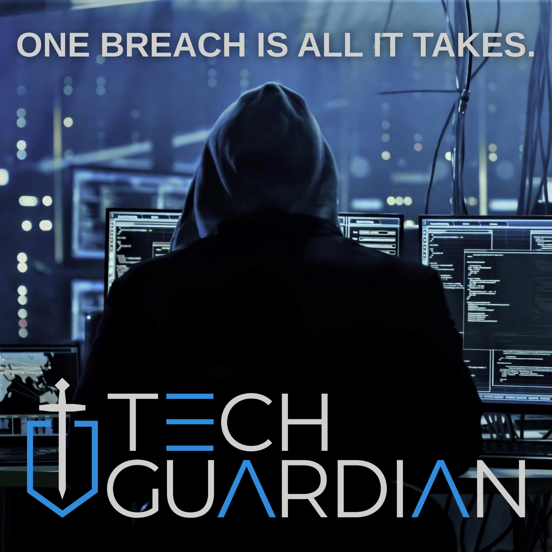 A dark ominous figure of a hacker in a hood looking busy.